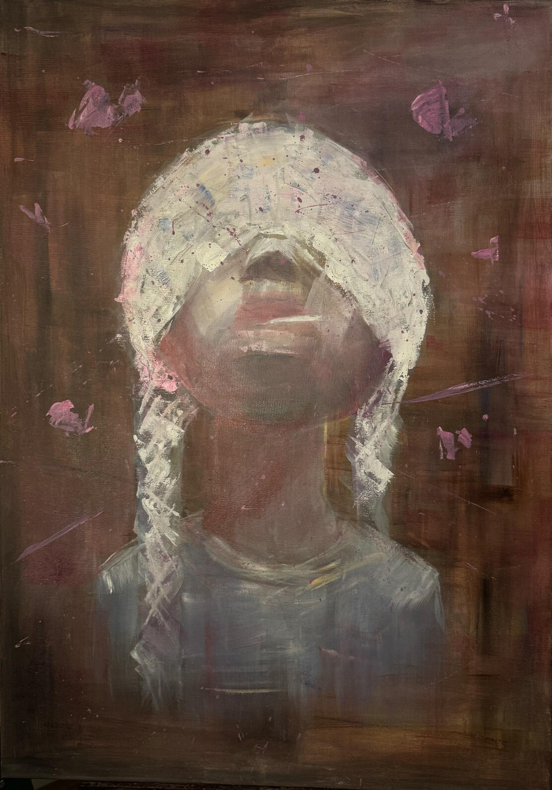 A young girl's head is wrapped in white bandages—the wound becoming an identity, trauma worn externally. In her mouth is a lollipop: the sweetness of childhood functioning as a proxy, occupying the space where words should be. The background is a deep pink